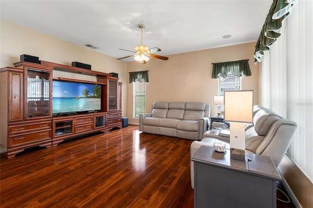 28390 Openfield Loop, Wesley Chapel, FL 33543 - living room featuring ceiling fan and dark wood-style floors