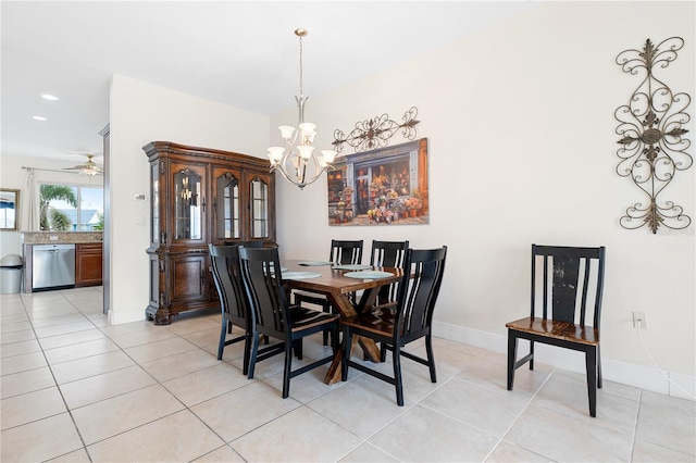 17817 Gulf Blvd Unit A, Saint Petersburg, FL 33708 - dining area with a chandelier, light tile patterned flooring, baseboards, recessed lighting, and ceiling fan