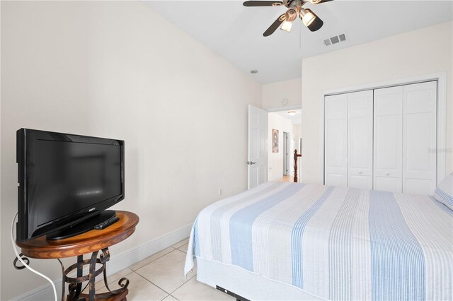 17817 Gulf Blvd Unit A, Saint Petersburg, FL 33708 - bedroom featuring light tile patterned flooring, baseboards, a closet, and a ceiling fan