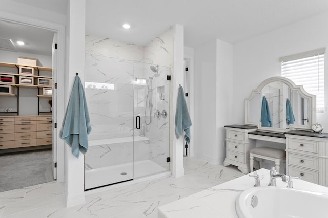 3559 Maple Bay Ln, Land O Lakes, FL 34638 - bathroom featuring a marble finish shower, marble finish flooring, vanity, a spacious closet, and recessed lighting