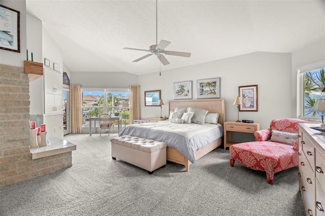 5782 Westshore Dr, New Port Richey, FL 34652 - carpeted bedroom featuring access to exterior, vaulted ceiling, and ceiling fan
