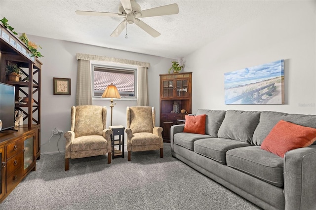 5782 Westshore Dr, New Port Richey, FL 34652 - carpeted living area with a textured ceiling and ceiling fan