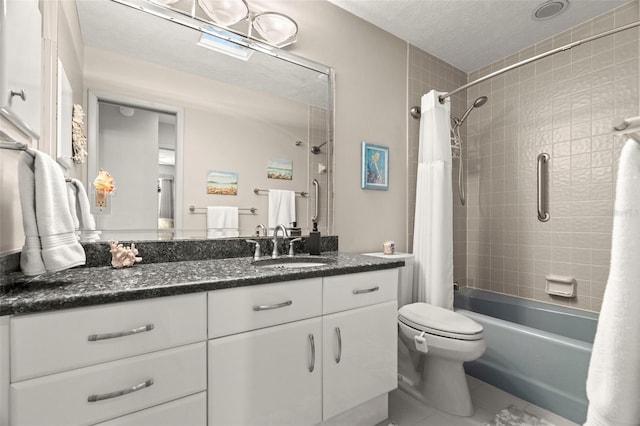 5782 Westshore Dr, New Port Richey, FL 34652 - bathroom with vanity, shower / bath combination with curtain, toilet, and a textured ceiling