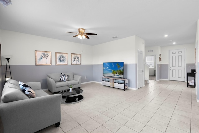 12481 Aston Dr, Hudson, FL 34669 - living area featuring ceiling fan, recessed lighting, light tile patterned floors, and baseboards