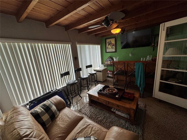 2160 NE 53rd St, Fort Lauderdale, FL 33308 - living room featuring wooden ceiling with exposed beams and ceiling fan