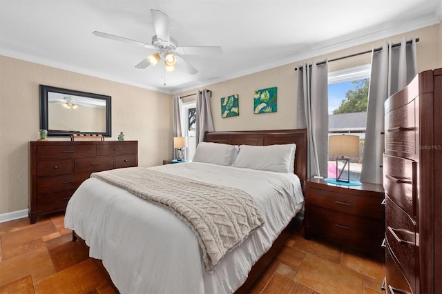 3905 31st Ave W, Bradenton, FL 34205 - bedroom with light stone finish flooring, ornamental molding, and a ceiling fan
