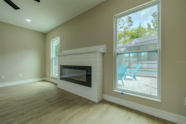 4044 Red Fox Ct, Wesley Chapel, FL 33543 - unfurnished living room with wood finished floors, baseboards, a glass covered fireplace, and healthy amount of natural light