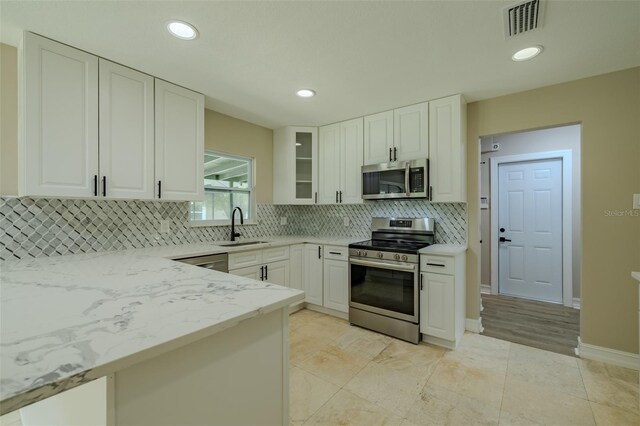 4044 Red Fox Ct, Wesley Chapel, FL 33543 - kitchen featuring appliances with stainless steel finishes, a sink, light stone countertops, white cabinetry, and glass insert cabinets