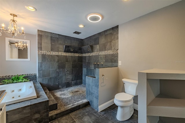 4044 Red Fox Ct, Wesley Chapel, FL 33543 - full bath featuring a tub with jets, toilet, a walk in shower, a chandelier, and baseboards