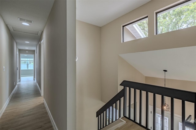 4044 Red Fox Ct, Wesley Chapel, FL 33543 - hall with an upstairs landing, wood finished floors, baseboards, and recessed lighting