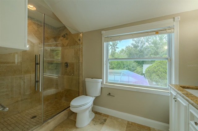 4044 Red Fox Ct, Wesley Chapel, FL 33543 - bathroom featuring vanity, toilet, a stall shower, baseboards, and lofted ceiling