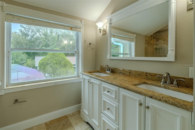 4044 Red Fox Ct, Wesley Chapel, FL 33543 - full bathroom with vaulted ceiling, double vanity, baseboards, and a shower
