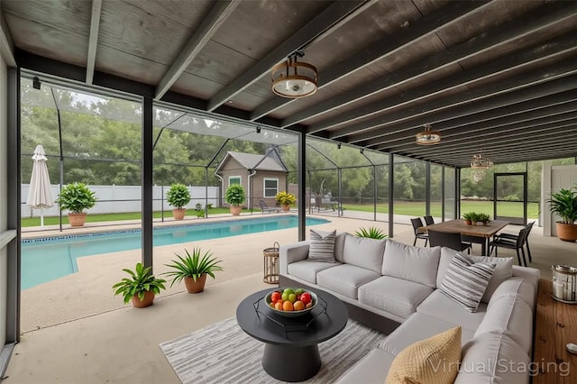 4044 Red Fox Ct, Wesley Chapel, FL 33543 - sunroom / solarium with a swimming pool, outdoor lounge area, beam ceiling, and outdoor dining space