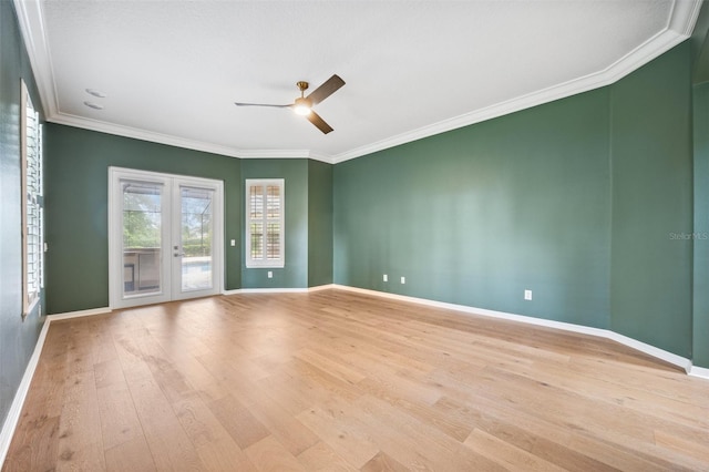 17802 Mission Oak Dr, Lithia, FL 33547 - empty room featuring a ceiling fan, light wood finished floors, ornamental molding, baseboards, and french doors