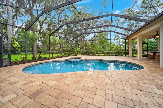 17802 Mission Oak Dr, Lithia, FL 33547 - view of pool featuring a patio, a pool with connected hot tub, a lanai, and a ceiling fan