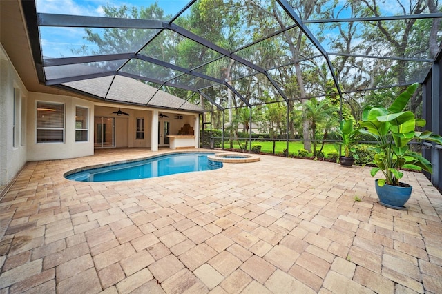 17802 Mission Oak Dr, Lithia, FL 33547 - view of pool with a ceiling fan, a pool with connected hot tub, a patio area, and glass enclosure