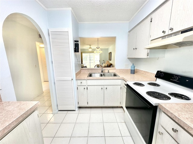 13926 Mission Oaks Blvd, Seminole, FL 33776 - kitchen with electric stove, under cabinet range hood, a sink, light countertops, and crown molding