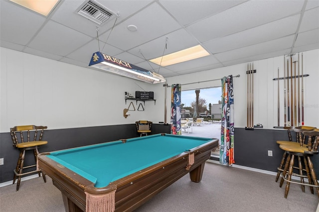 13926 Mission Oaks Blvd, Seminole, FL 33776 - playroom with a drop ceiling, carpet, billiards, and baseboards