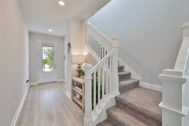 5511 Del Coronado Dr, Apollo Beach, FL 33572 - entrance foyer with stairs, recessed lighting, light wood finished floors, and baseboards