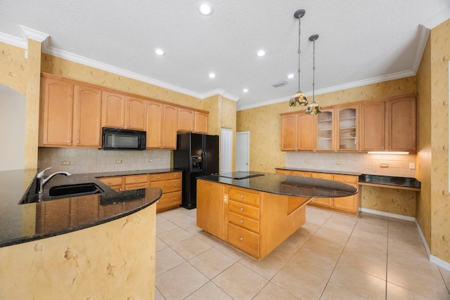 5519 Reflections Blvd, Lutz, FL 33558 - kitchen with black appliances, a sink, dark stone countertops, a kitchen island, and ornamental molding