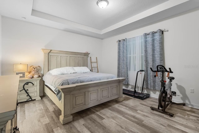 5006 Jackel Chase Dr, Wimauma, FL 33598 - bedroom featuring light wood-style flooring, a tray ceiling, and baseboards