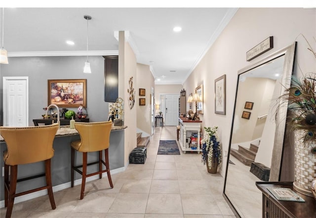 3901 Silverlake Way, Wesley Chapel, FL 33544 - bar area with ornamental molding, stairs, light tile patterned floors, recessed lighting, and decorative light fixtures