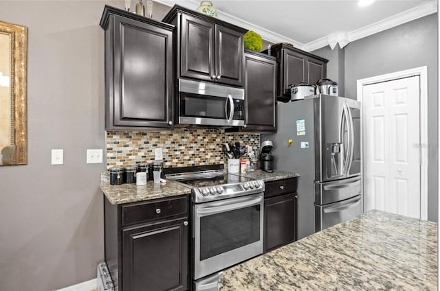 3901 Silverlake Way, Wesley Chapel, FL 33544 - kitchen featuring stainless steel appliances, ornamental molding, backsplash, and light stone countertops