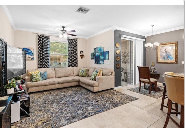 3901 Silverlake Way, Wesley Chapel, FL 33544 - living area with a chandelier, ornamental molding, a ceiling fan, and light tile patterned flooring