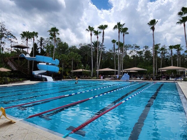 3901 Silverlake Way, Wesley Chapel, FL 33544 - community pool with a water slide, a gazebo, and view of scattered trees