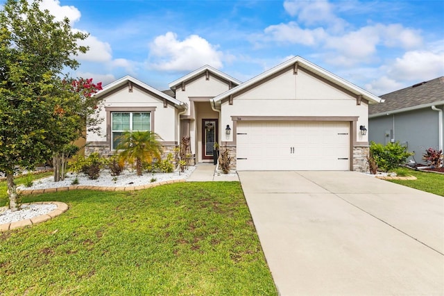 944 Old Windsor Way, Spring Hill, FL 34609 - ranch-style home with stone siding, stucco siding, a front lawn, driveway, and a garage