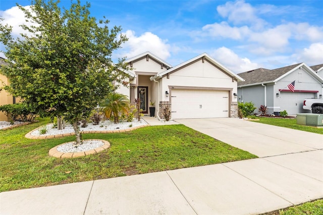 944 Old Windsor Way, Spring Hill, FL 34609 - view of front of home featuring an attached garage, concrete driveway, a front yard, stucco siding, and stone siding