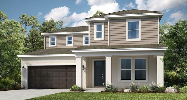 33306 Castaway Loop, Wesley Chapel, FL 33543 - view of front facade with an attached garage, driveway, roof with shingles, and a porch
