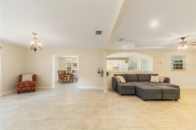 39721 Meadowood Loop, Zephyrhills, FL 33542 - living room with a chandelier, light tile patterned floors, a ceiling fan, baseboards, and recessed lighting