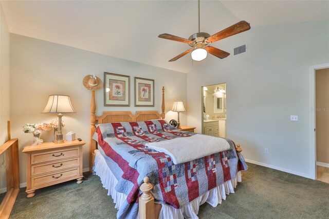 1111 Golfview Woods Dr Unit 1111, Sun City Center, FL 33573 - bedroom featuring lofted ceiling, carpet floors, baseboards, ensuite bathroom, and ceiling fan