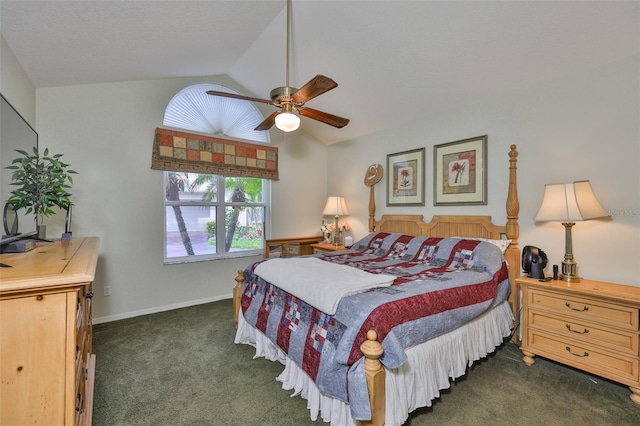 1111 Golfview Woods Dr Unit 1111, Sun City Center, FL 33573 - bedroom featuring vaulted ceiling, dark carpet, a ceiling fan, and baseboards