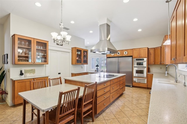 1803 143rd Ct E, Bradenton, FL 34212 - kitchen with a warming drawer, a sink, island exhaust hood, stainless steel appliances, and a chandelier