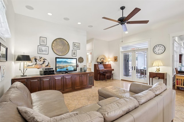 1803 143rd Ct E, Bradenton, FL 34212 - living area with light tile patterned floors, a ceiling fan, french doors, and recessed lighting