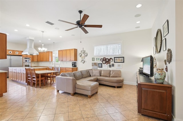 1803 143rd Ct E, Bradenton, FL 34212 - living area featuring ceiling fan, recessed lighting, light tile patterned flooring, and baseboards