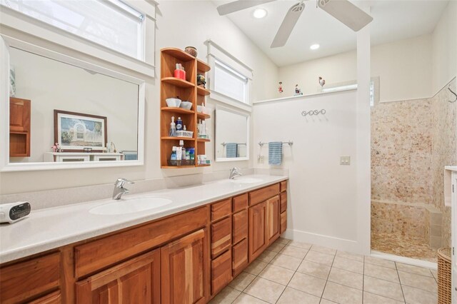 1803 143rd Ct E, Bradenton, FL 34212 - bathroom with double vanity, tile patterned flooring, a ceiling fan, and walk in shower