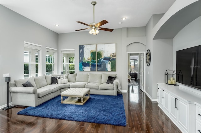 9608 Greenpointe Dr, Tampa, FL 33626 - living room with a ceiling fan, dark wood-style floors, baseboards, and recessed lighting