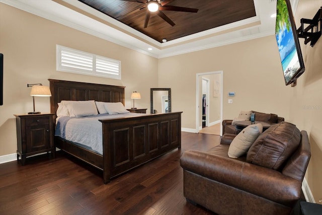 15415 Mulholland Rd, Parrish, FL 34219 - bedroom featuring a raised ceiling, baseboards, dark wood finished floors, ornamental molding, and a ceiling fan