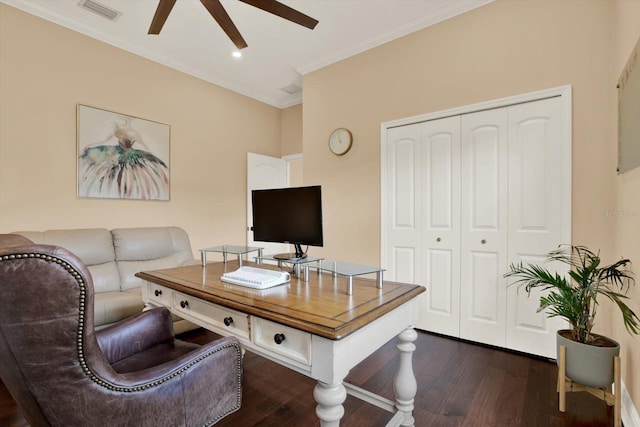 15415 Mulholland Rd, Parrish, FL 34219 - office space featuring a ceiling fan, dark wood-style flooring, ornamental molding, and recessed lighting