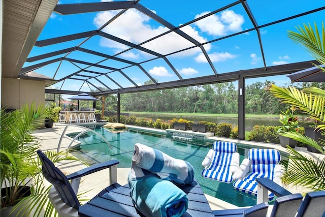 15415 Mulholland Rd, Parrish, FL 34219 - swimming pool featuring a patio area, a water view, glass enclosure, and an outdoor hangout area