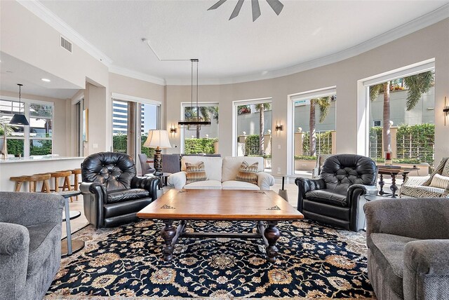 100 Beach Dr NE Unit 301, Saint Petersburg, FL 33701 - living room with ornamental molding and ceiling fan