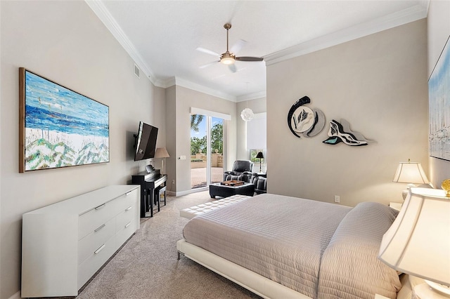 100 Beach Dr NE Unit 301, Saint Petersburg, FL 33701 - bedroom featuring access to exterior, light colored carpet, ornamental molding, and ceiling fan