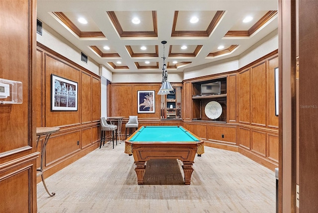 100 Beach Dr NE Unit 301, Saint Petersburg, FL 33701 - recreation room with ornamental molding, billiards, light carpet, coffered ceiling, and beamed ceiling