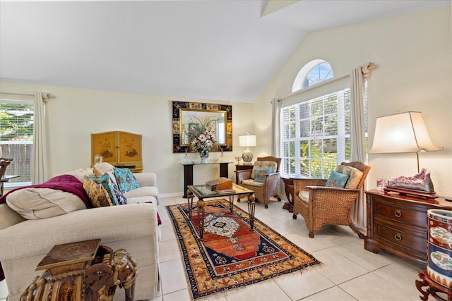 4047 Eagle Cove W Dr, Palm Harbor, FL 34685 - living area featuring vaulted ceiling and light tile patterned floors