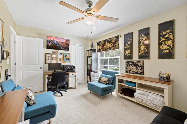 4047 Eagle Cove W Dr, Palm Harbor, FL 34685 - office featuring ceiling fan, light colored carpet, and a textured ceiling