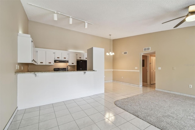 3389 Crystal Ct E J, Unit J, Palm Harbor, FL 34685 - kitchen featuring track lighting, light tile patterned floors, ceiling fan, a chandelier, and under cabinet range hood