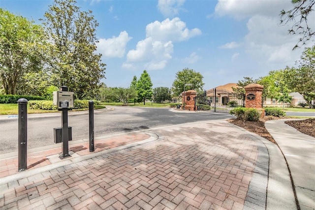 27427 Mistflower Dr, Wesley Chapel, FL 33544 - view of asphalt road with a gate, curbs, and sidewalks